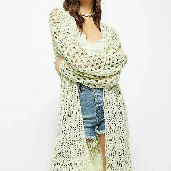 NEW FREE PEOPLE Sweet Talker Long Crochet Cardigan SWEATER SIZE XS HONEYDEW - Picture 5 of 5
